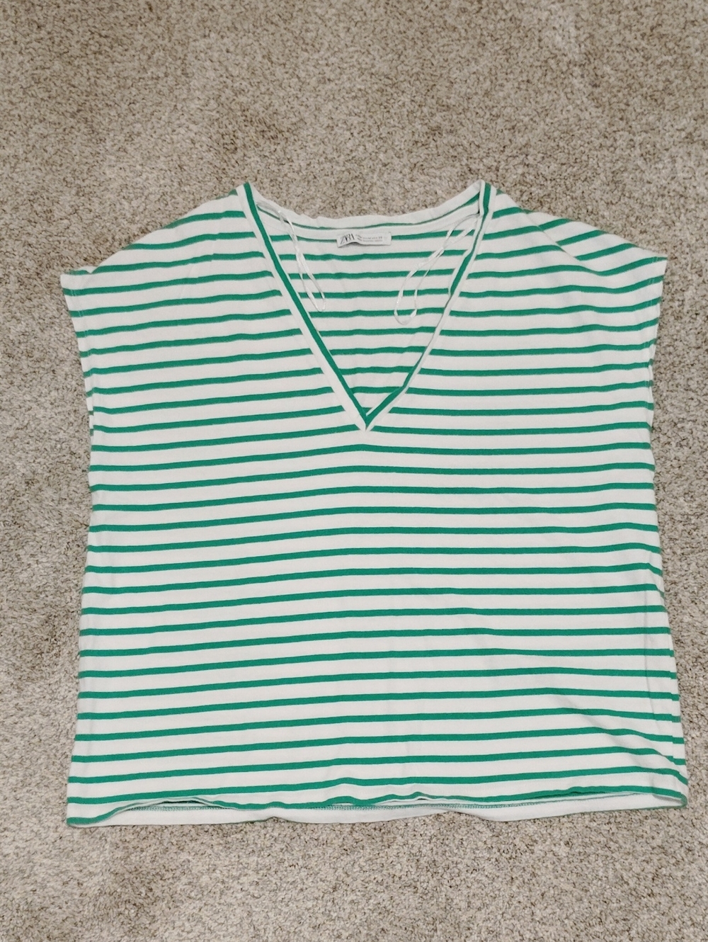 Zara Striped V-Neck Sleeveless Tee in Green and White
